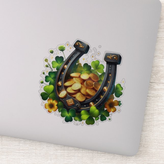 Lucky Horseshoe Gold Coins and Clover Sticker (Detail)