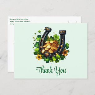 Lucky Horseshoe Gold Coins and Clover Thank You Postcard
