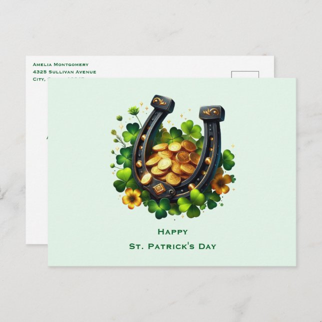 Lucky Horseshoe & Gold Coins St. Patrick's Day Holiday Postcard (Front/Back)