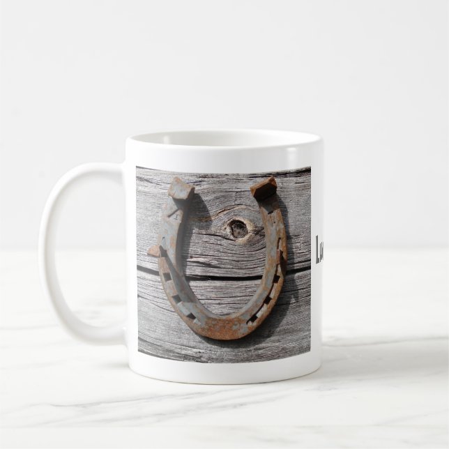 Lucky Horseshoe on Wooden Fence Coffee Mug (Left)