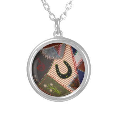 Lucky Horseshoe Vintage Patchwork Crazy Quilt Silver Plated Necklace