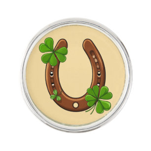 Lucky Horseshoe With Green Shamrocks Lapel Pin