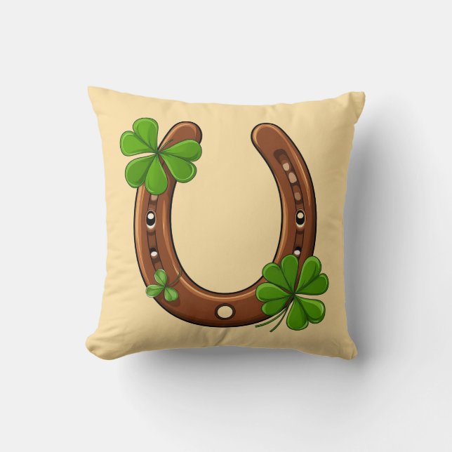 Lucky Horseshoe With Green Shamrocks Throw Pillow (Front)
