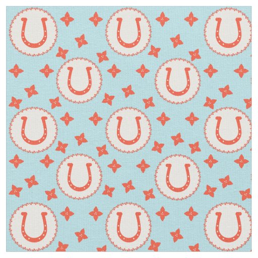 Lucky Horseshoes Pattern Light Blue and Orange Fabric