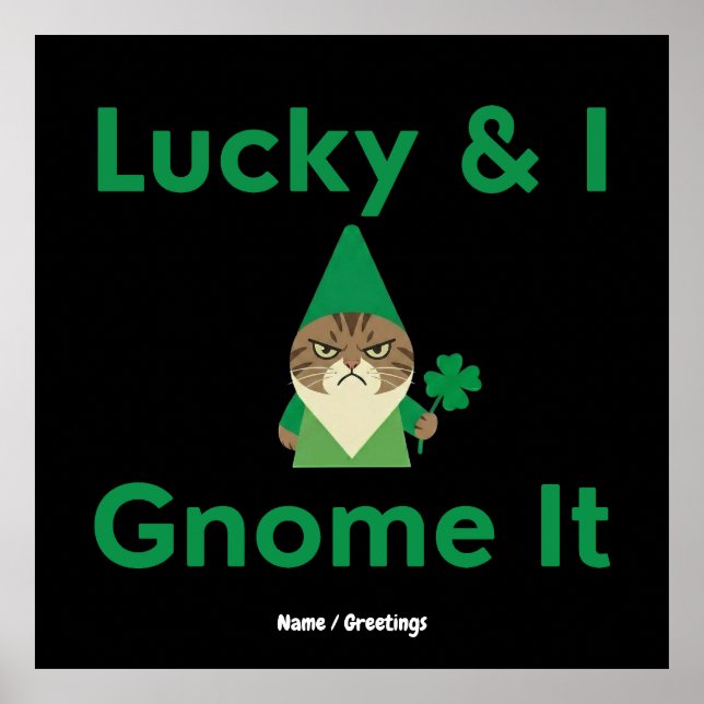  Lucky & I Gnome It Funny Sarcastic Cat St Patrick Poster (Front)