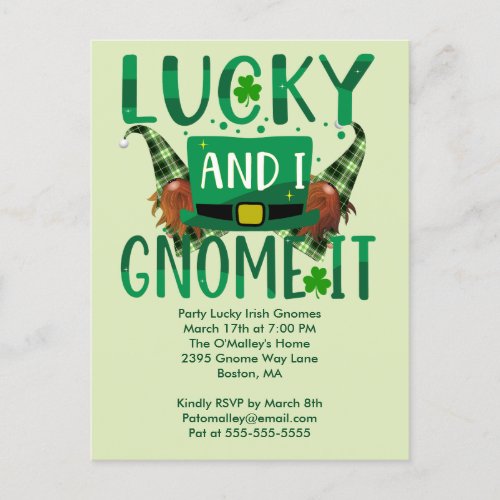 Lucky I Gnome It St Patricks Party Invite Postcard