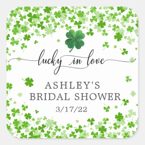 Lucky in Love 4 Leaf Clover Bridal Shower  Square Sticker
