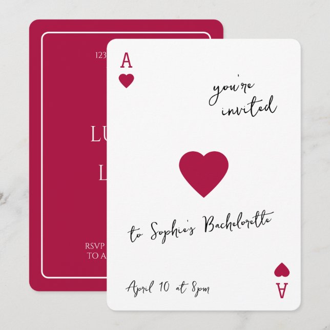 Lucky In Love Bachelorette Ace Of Hearts Invitation (Front/Back)