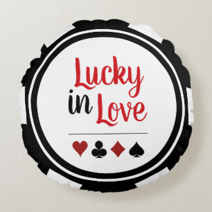 Lucky In Love Black White Poker Chip Round Pillow