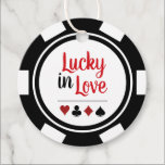 Lucky In Love Black White Poker Chip Wedding Favor Tags<br><div class="desc">Getting married in Las Vegas or another fun casino city? Or having a casino themed wedding? These "Lucky in Love" white and black favor tags would make a perfect addition to your guest's favors. Personalize your design with your names in black in the center, and a wedding date, thank you,...</div>