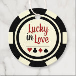 Lucky In Love Black White Vegas Wedding Favor Tags<br><div class="desc">Getting married in Vegas or another fun casino city? Or having a casino themed wedding? These "Lucky in Love" white and black favor tags would make a perfect addition to your guest's favors. Personalize your design with your names in black in the center, and a wedding date, thank you, etc....</div>