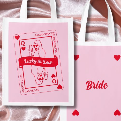 Lucky In Love Bold Pink  Red Bachelorette Grocery Bag