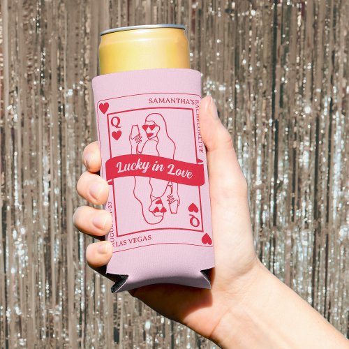Lucky In Love Bold Pink  Red Bachelorette Seltzer Can Cooler