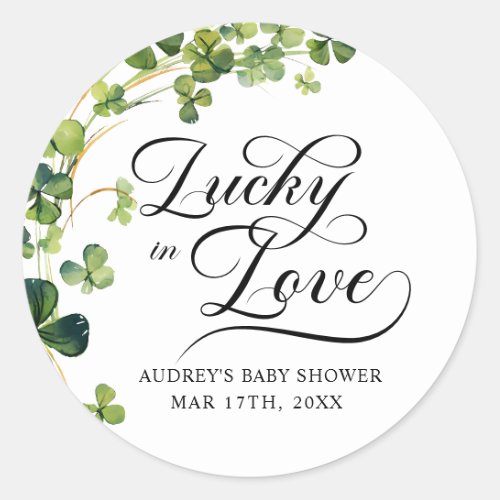 Lucky in Love Bridal Shower Green Shamrock  Classic Round Sticker