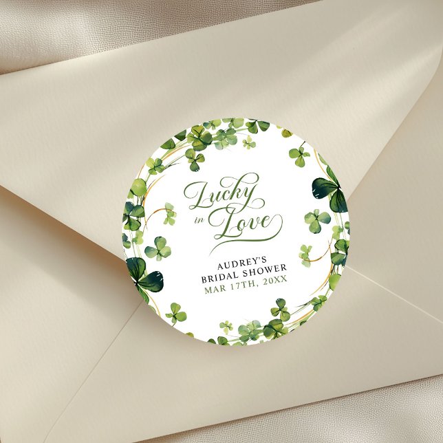 Lucky in Love Bridal Shower Green Shamrock  Classic Round Sticker (Creator Uploaded)