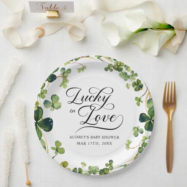 Lucky in Love Bridal Shower Green Shamrock  Paper Plates (Wedding)
