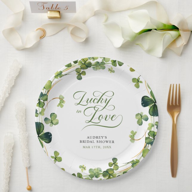 Lucky in Love Bridal Shower Green Shamrock  Paper Plates (Wedding)