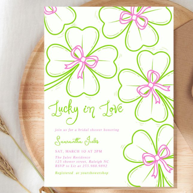 Lucky in Love Bridal Shower Pink Green Shamrock  Invitation (Creator Uploaded)