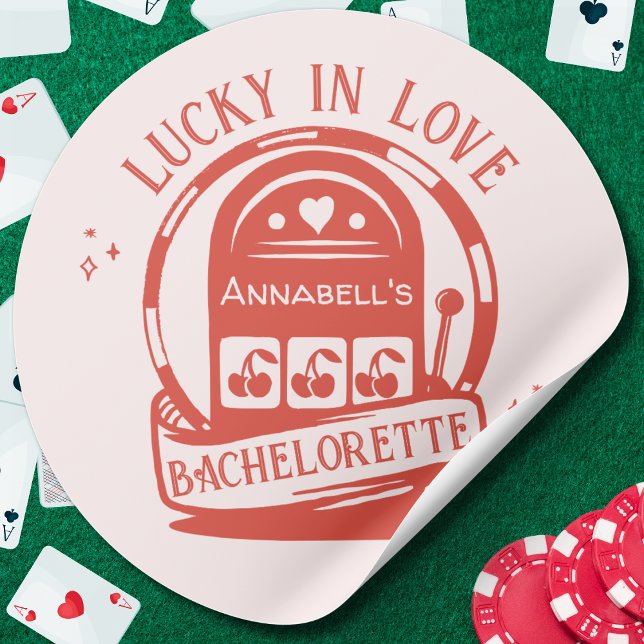 Lucky in Love Casino Hand Drawn Vegas Bachelorette Classic Round Sticker (lucky in love bachelorette party sticker pink hand drawn pinks lot machine Vegas casino bach weekend)
