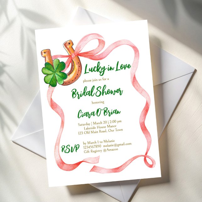 Lucky in love clover leaf bow ribbon bridal shower invitation (Lucky in love clover leaf pink  bow ribbon st Patrick's day bridal shower invitation template)