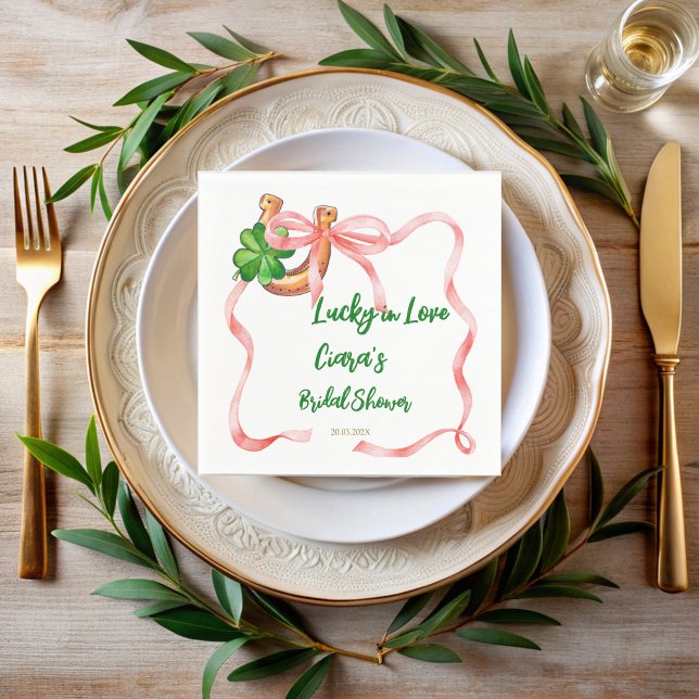 Lucky in love clover leaf bow ribbon bridal shower napkins (Lucky in love clover leaf bow ribbon st Patrick day bridal shower monogrammed napkins)