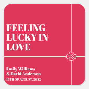 Lucky in Love Crimson Red Four Leaf Wedding Square Sticker