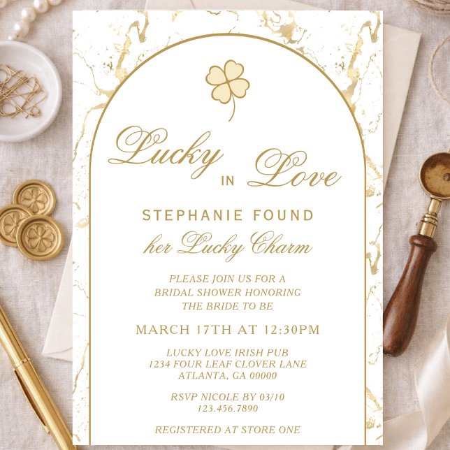 Lucky in Love Elegant Gold Shamrock Bridal Shower Invitation (Creator Uploaded)