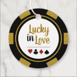 Lucky In Love Gold Black Poker Chip Wedding Favor Tags<br><div class="desc">Getting married in Las Vegas or another fun casino city? Or having a casino themed wedding? These "Lucky in Love" gold, white, and black favor tags would make a perfect addition to your guest's favors. Personalize the back with your names in black in the center, and a wedding date, thank...</div>