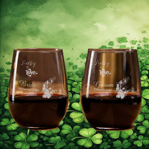  Lucky in Love Golden Green Shamrock Bride Groom Stemless Wine Glass