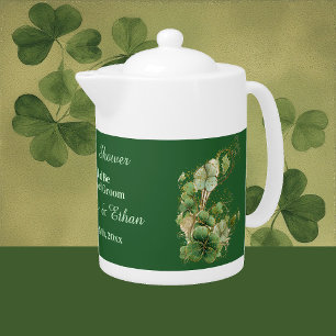 Lucky in Love Golden Green Shamrock Bride Groom Teapot