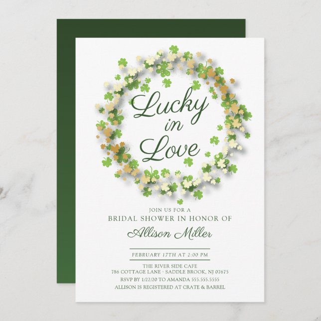 Lucky in Love Golden Shamrocks Bridal Shower Invitation (Front/Back)
