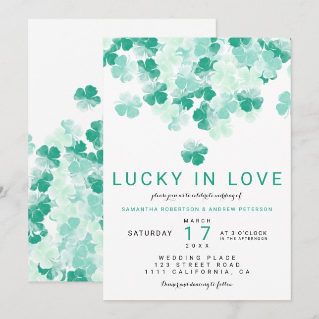 Lucky in love green clover St Patrick chic wedding Invitation (Front/Back)