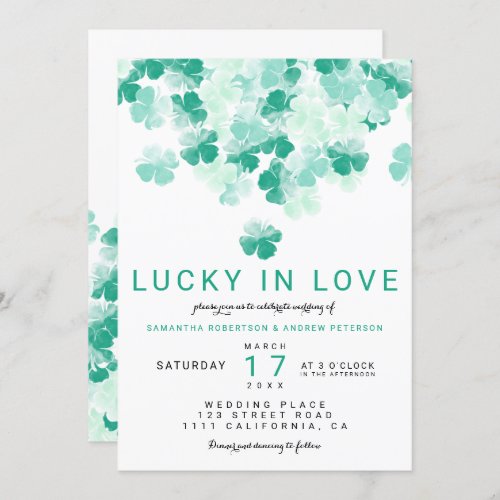 Lucky in love green clover St Patrick chic wedding Invitation