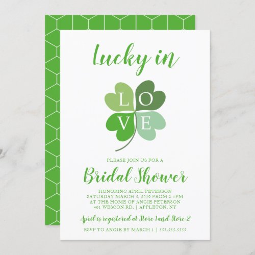 Lucky In Love Green Heart Shamrock Bridal Shower Invitation