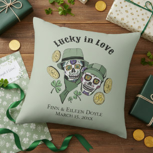 Lucky In Love Green Irish Sugar Skulls Newlywed Throw Pillow