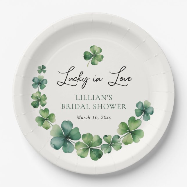 Lucky in Love Green Shamrock Bridal Shower  Paper Plates (Front)