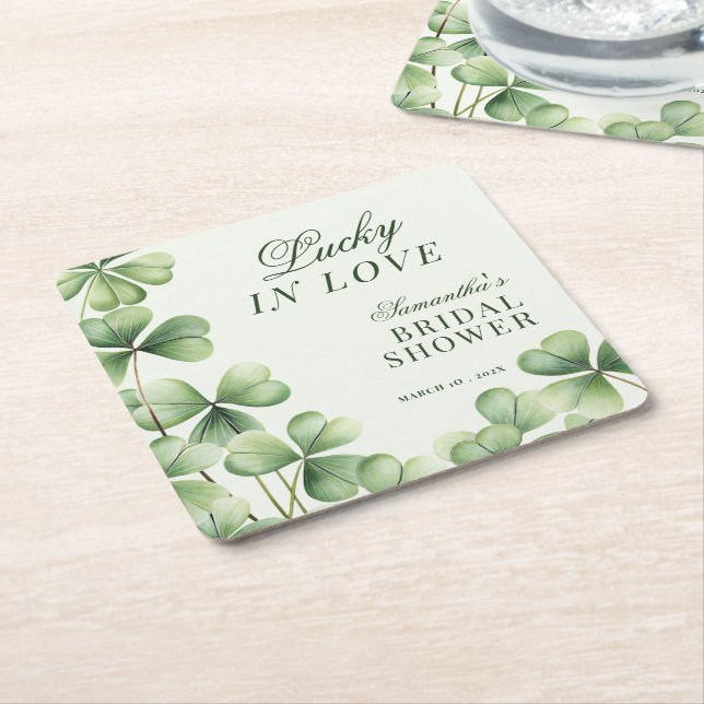 Lucky in Love Green Shamrock Bridal Shower  Square Paper Coaster (Angled)