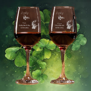  Lucky in Love Green Shamrock Bride Groom Etched Wine Glass