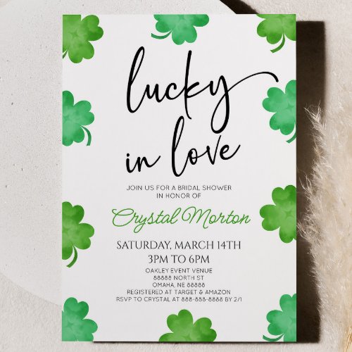 Lucky In Love Green Shamrock Clovers Bridal Shower Invitation