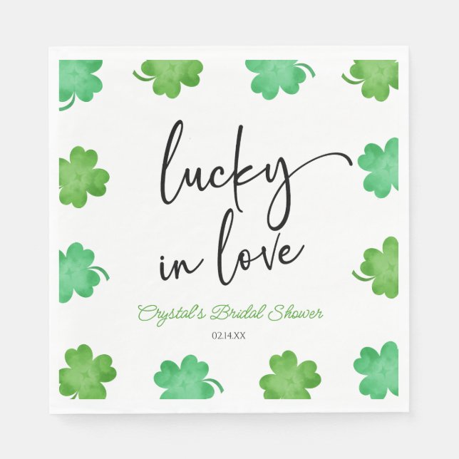 Lucky In Love Green Shamrock Clovers Bridal Shower Napkins (Front)
