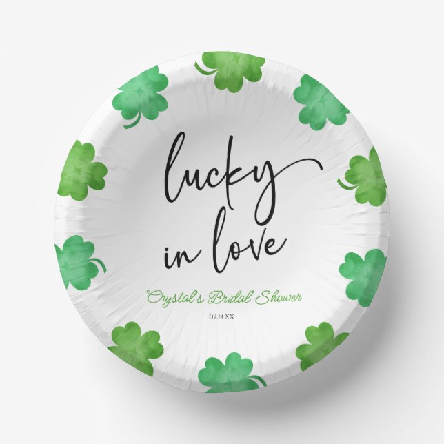 Lucky In Love Green Shamrock Clovers Bridal Shower Paper Bowls (Front)
