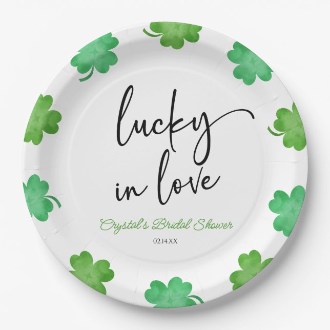 Lucky In Love Green Shamrock Clovers Bridal Shower Paper Plates (Front)