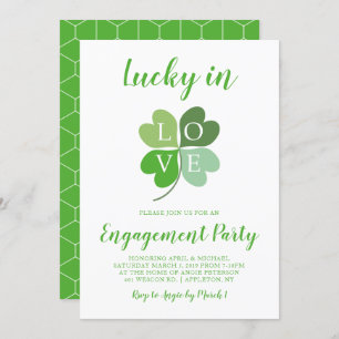 Lucky In Love Heart Shamrock Engagement Party Invitation