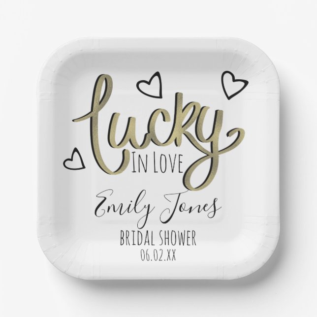 Lucky in Love Hearts Bridal Shower Paper Plates (Front)