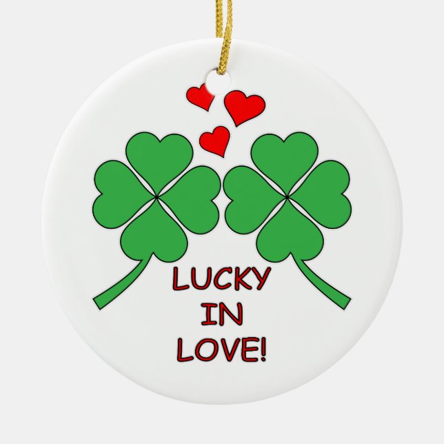 Lucky In Love Hearts Clover Ceramic Ornament (Front)