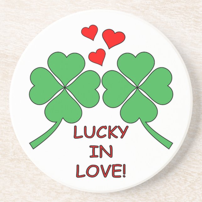Lucky In Love Hearts Clover Sandstone Coaster (Front)