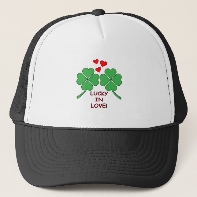 Lucky In Love Hearts Clover Trucker Hat (Front)