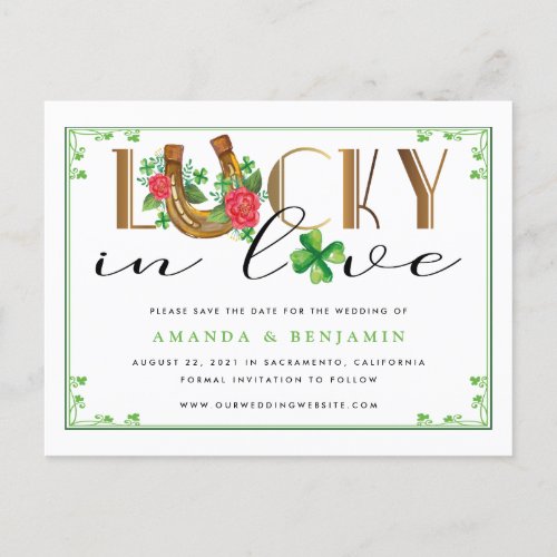Lucky In Love Horseshoe and Shamrock Save The Date Postcard