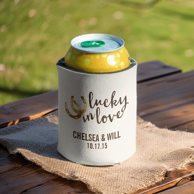 Lucky in Love Horseshoe Personalized Wedding Favor Can Cooler (Creator Uploaded)