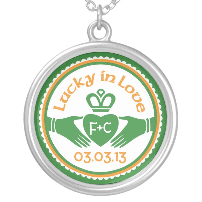 Lucky in Love Irish Claddagh Wedding Anniversary Silver Plated Necklace (Front)